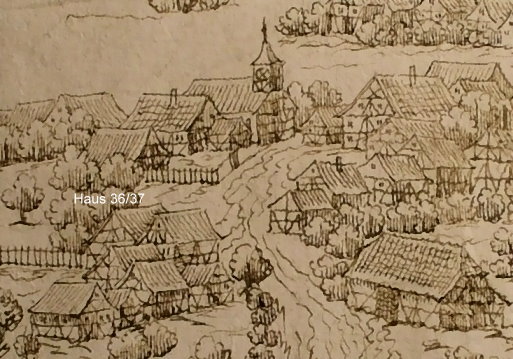 Zeichnung von 1684 mit dem leeren Platz wo später das Haus 36/37 entstand; Haus 36