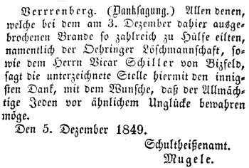 Zeitung 1849 Brand in Verrenberg