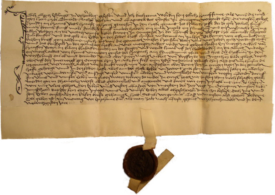 Urkunde aus dem Hohenloher Zentralarchiv Nst: Ga 10 Schubl. 7 Nr.205 von 1490 zu Verrenberg