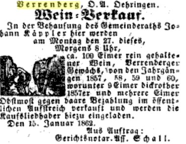 Weinverkauf des Johann heinrich Käppler von Verrenberg im Schwäbischer Merkur: 1862