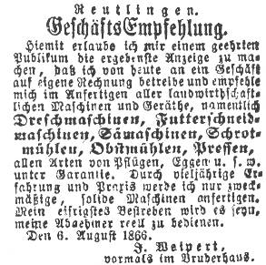 Beginn der Reutlinger Firma von Johann Michael Weipert, 1866