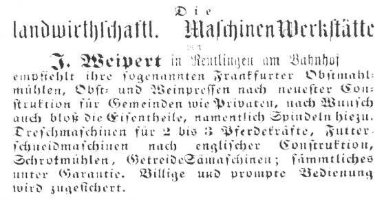 Die Reutlinger Firma von Johann Michael Weipert, 1867