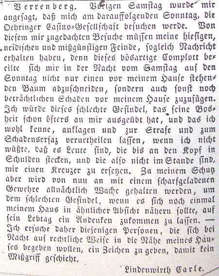 Zeitung 1849 Lindenwirt in Verrenberg