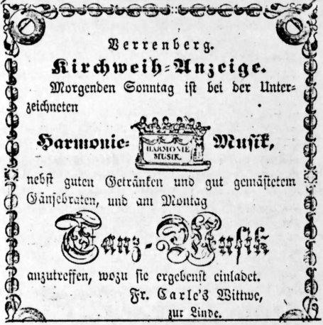 Kirch-Weih Anzeige 1854, Zur Linde, Verrenberg