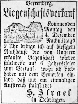 Eine Liegenschaft eines Ungerer soll verkauft werden, 1876, Verrenberg
